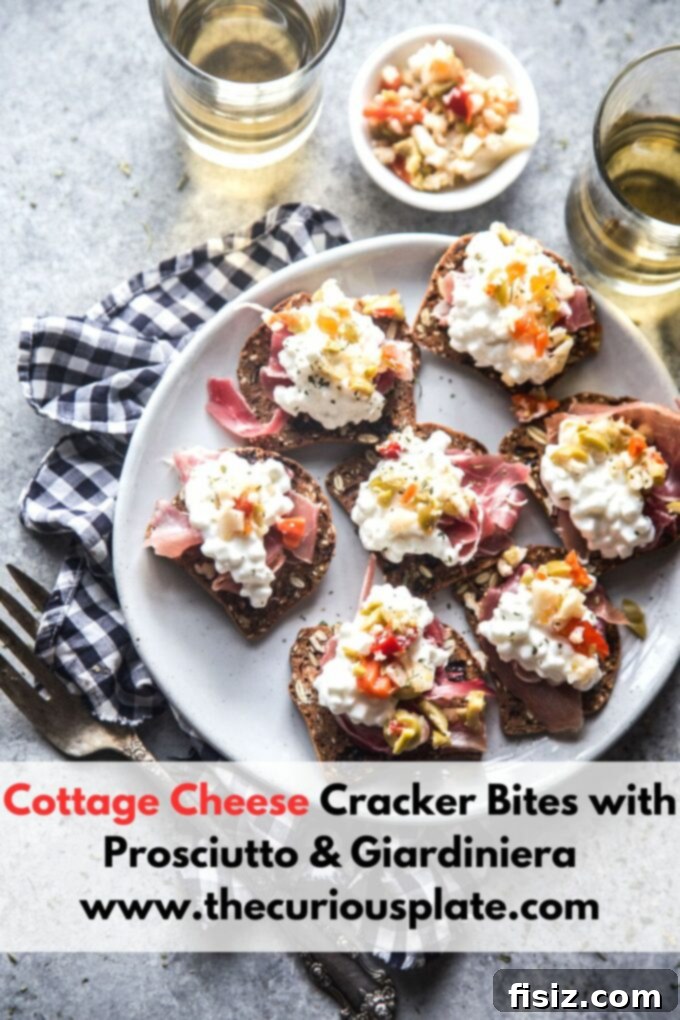 Prosciutto and Giardiniera Cottage Cheese Cracker Bites 14 Beautifully plated Cottage Cheese Cracker Bites with Prosciutto & Giardiniera
