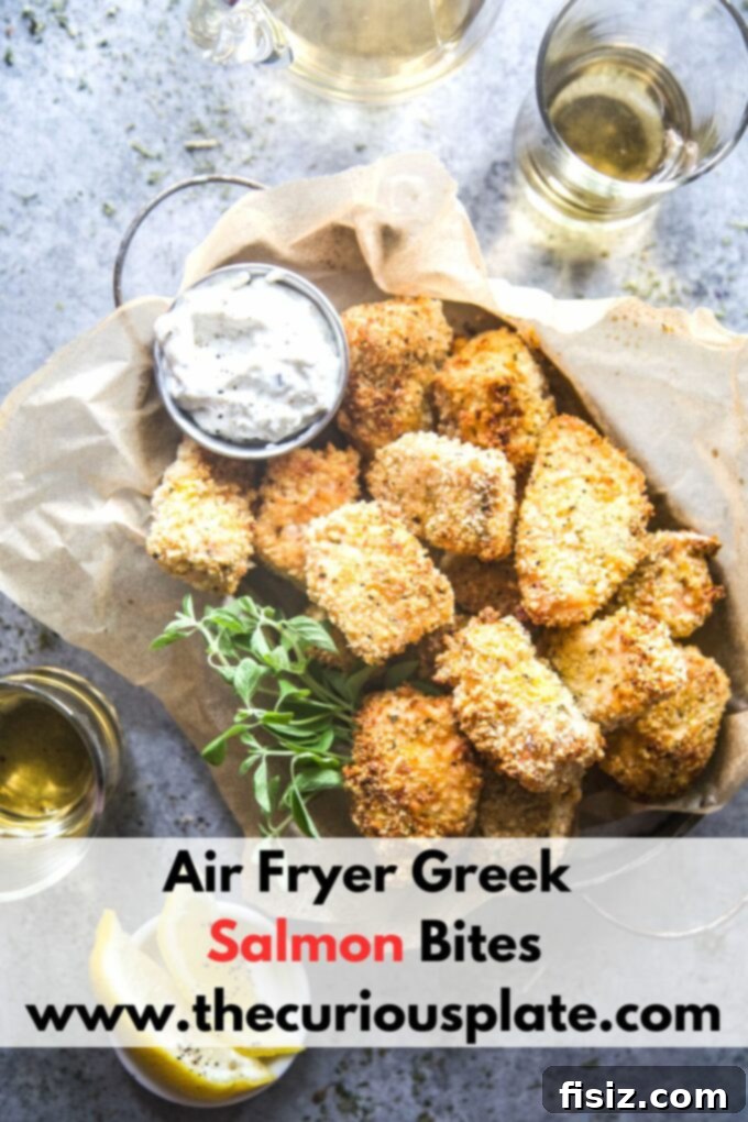 Crispy Air Fryer Greek Salmon Bites 10 Large platter of Air Fryer Greek Salmon Bites, ready to be served