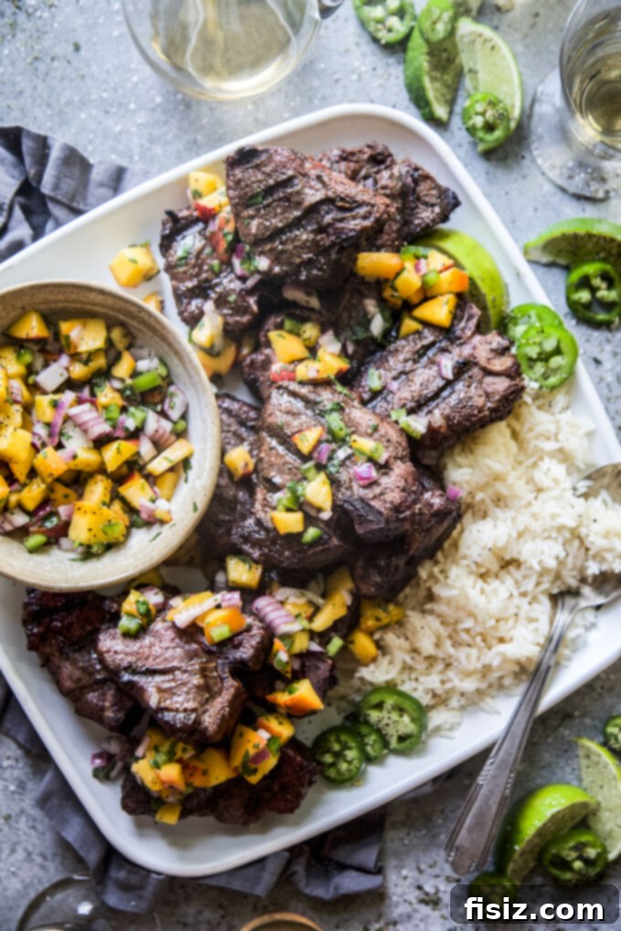 Spicy Jerk Lamb Loin Chops, Sweet Peach Salsa 2 Flavorful Grilled Jerk American Lamb Loin Chops with Sweet Peach Salsa