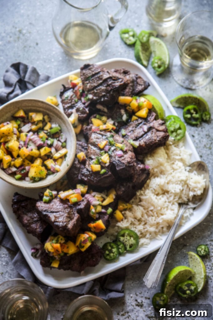 Spicy Jerk Lamb Loin Chops, Sweet Peach Salsa 11 Beautifully plated Grilled Jerk American Lamb Loin Chops with Peach Salsa