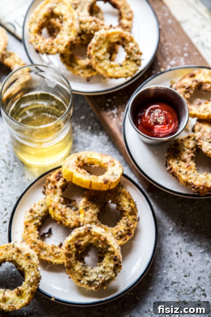 Crispy Air Fryer Squash Rings 8 Perfectly air-fried squash rings on a serving plate
