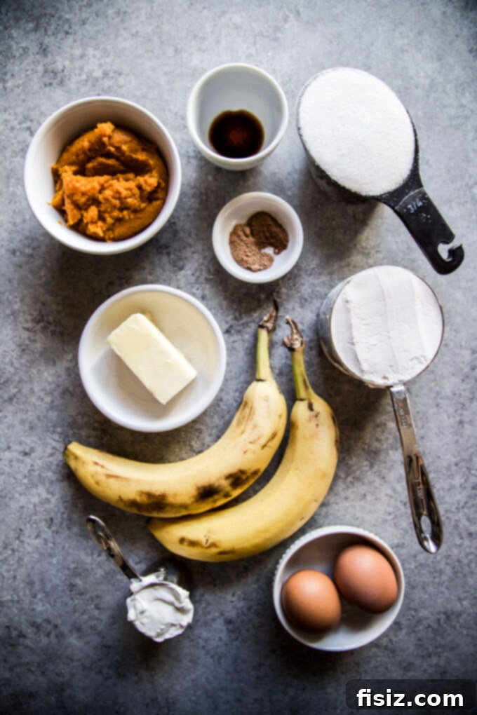 Spiced Pumpkin Banana Cake with Maple Buttercream 4 Ingredients for Pumpkin Banana Cake including pumpkin puree, bananas, and spices