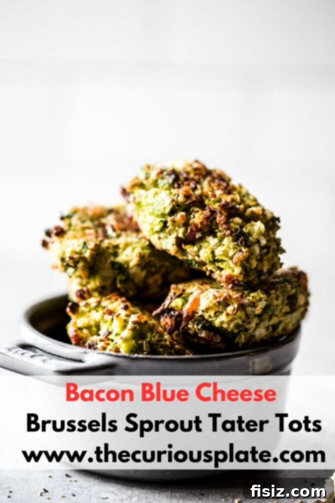 Gourmet Brussels Sprout Bacon Blue Cheese Tots 10 Close-up of golden brown Bacon Blue Cheese Brussels Sprout Tater Tots on a cooling rack, freshly baked