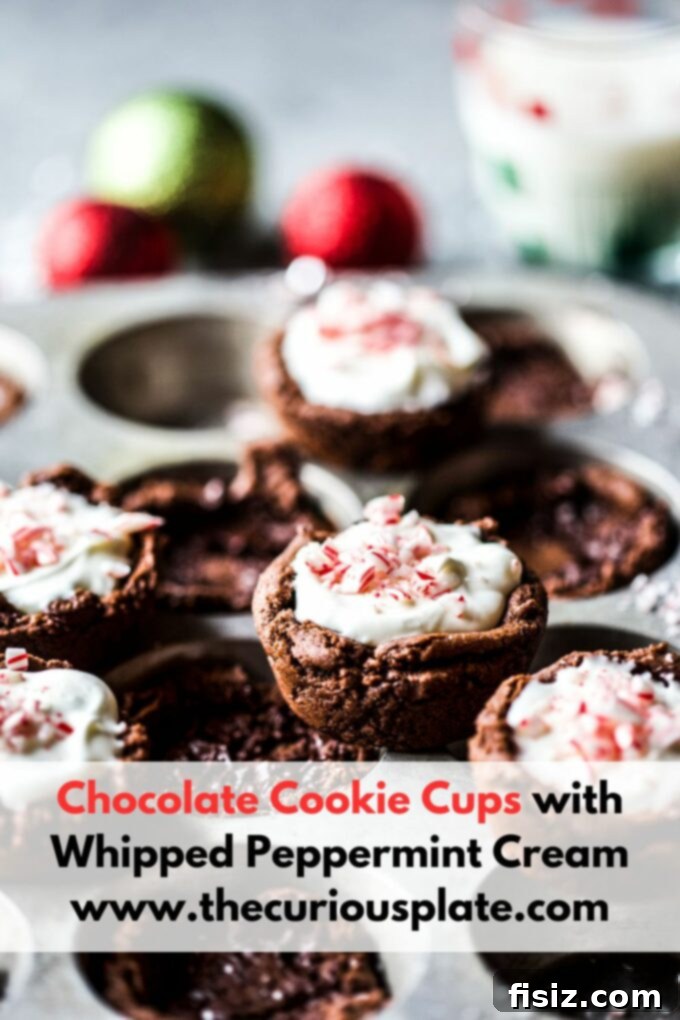 Frosty Peppermint Cream Chocolate Cookie Cups 10 A final close-up of a single chocolate cookie cup with whipped peppermint cream and crushed candy canes