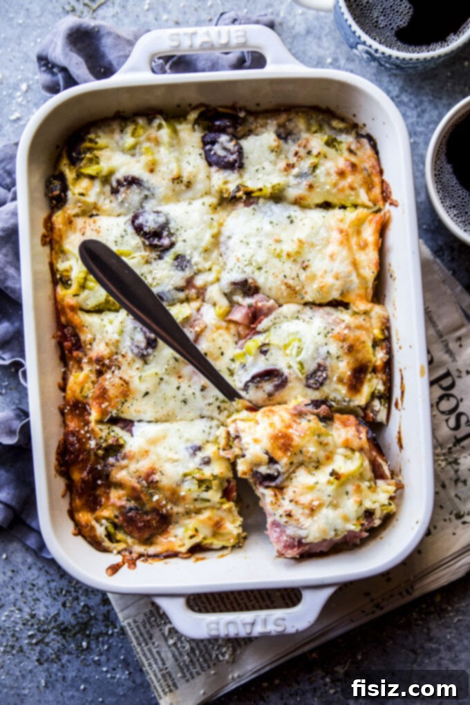 Savory Italian Brunch Bake 2 A beautifully baked Easy Antipasto Breakfast Casserole, golden brown and bubbling, ready to be served