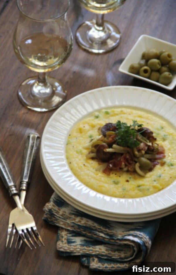 creamy polenta with caramelized fennel, bacon, and spanish olives