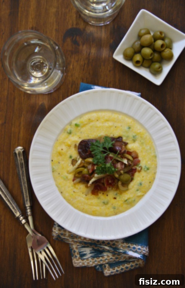 creamy polenta with caramelized fennel, bacon, and spanish olives