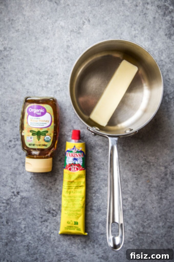 Honey Harissa Glazed Chicken Tenders 4 Ingredients for harissa honey glaze: harissa, honey, and unsalted butter.