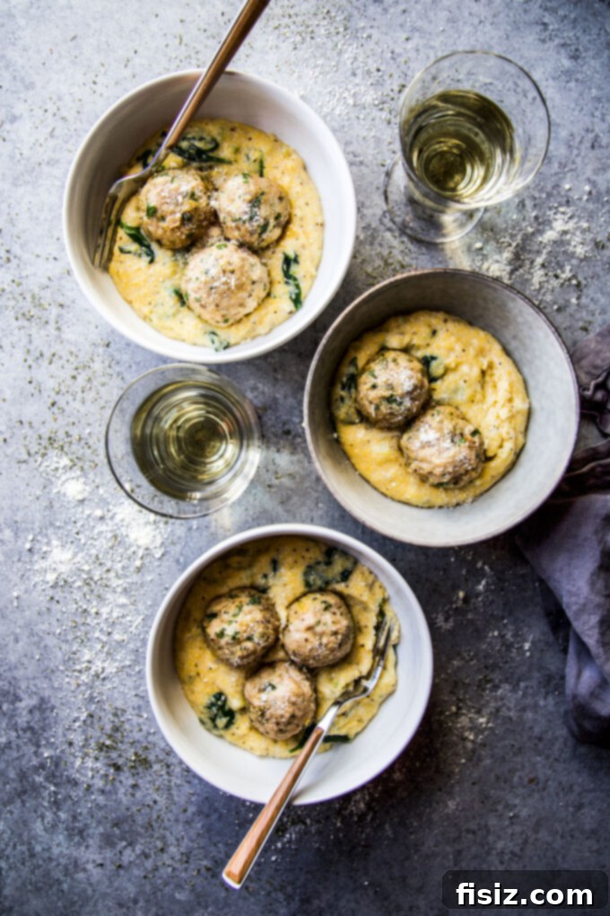 Creamy Polenta with Italian Wedding Chicken Meatballs 2 Savory Italian Wedding Chicken Meatballs with Creamy Polenta, a delicious and quick meal