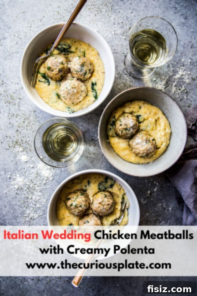 Creamy Polenta with Italian Wedding Chicken Meatballs 11 Overhead view of a finished plate of Italian Wedding Chicken Meatballs with Creamy Polenta