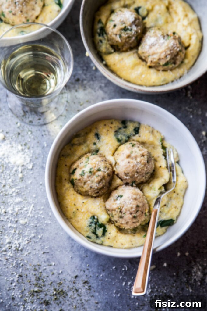 Creamy Polenta with Italian Wedding Chicken Meatballs 9 Close-up of Italian Wedding Chicken Meatballs with Creamy Polenta ready to eat