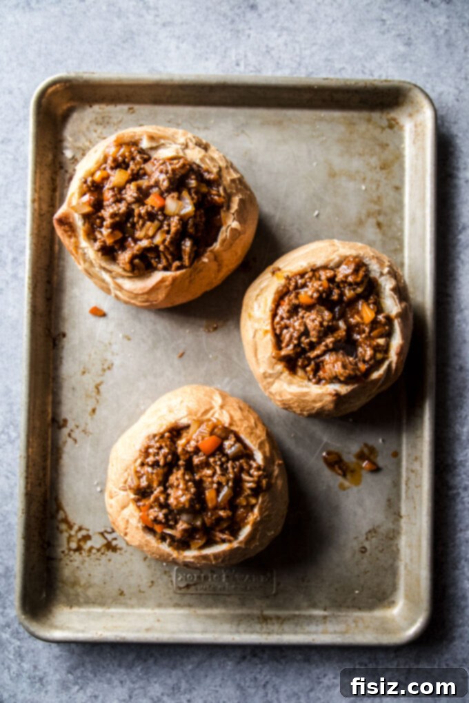 Loaded BBQ Sloppy Joe Bread Bowls 5 Bread bowls generously filled to the brim with savory sloppy joe mixture