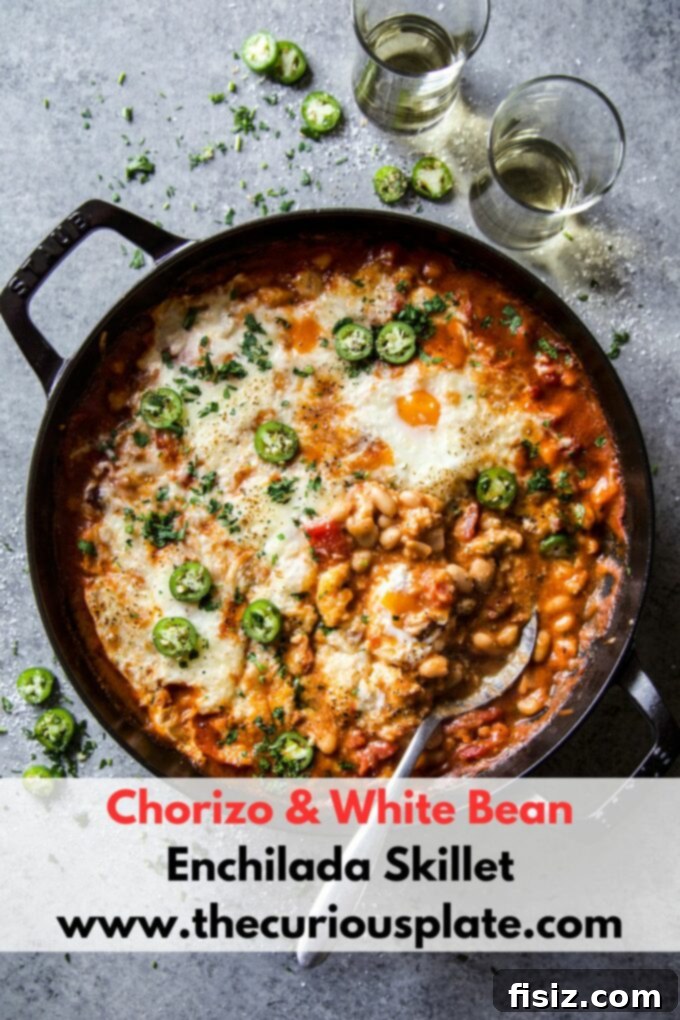 One-Pan Chorizo and White Bean Enchilada Bake 10 Overhead shot of the complete Chorizo & White Bean Enchilada Skillet, ready to be served.