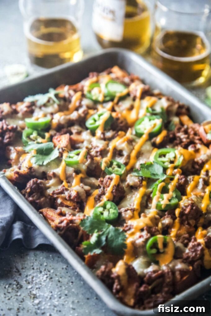 Korean BBQ Nachos Supreme 8 A tantalizing overhead shot of Beef and Kimchi Sweet Potato Nachos, showcasing the rich colors and textures of the dish.