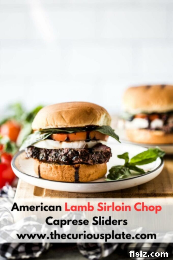 American Lamb Sirloin Caprese Sliders 8 Overhead shot of American Lamb Sirloin Chop Caprese Sliders on a rustic wooden board