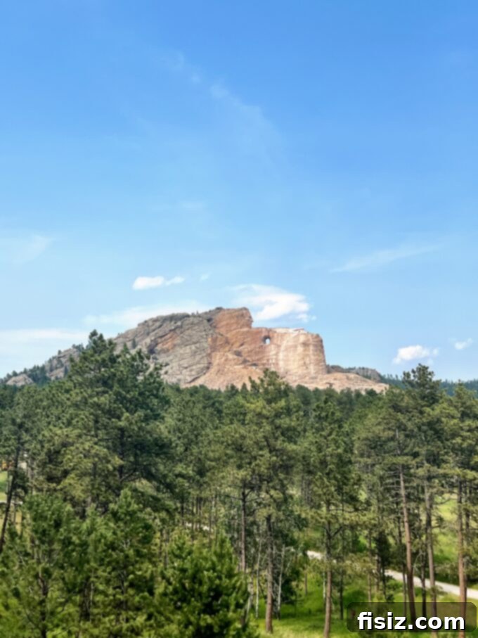 Rapid City South Dakota Stay Eat Explore 36 A view of the Crazy Horse Memorial from a distance, showcasing its scale against the Black Hills landscape.