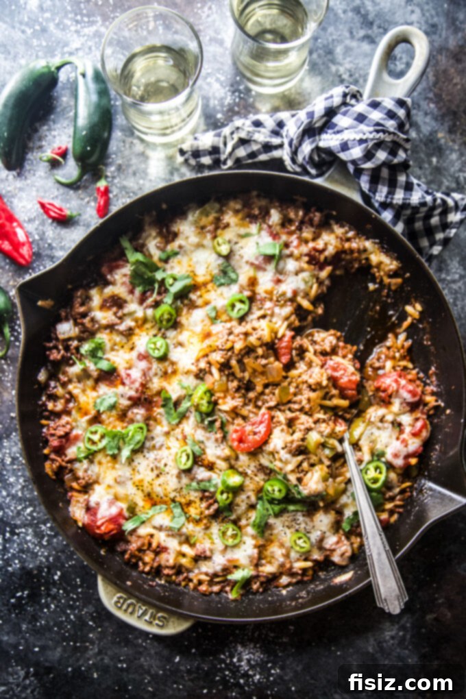 Fiery Beef Orzo 2 Hearty Chili Spiced Beef Orzo served in a skillet, ready to eat