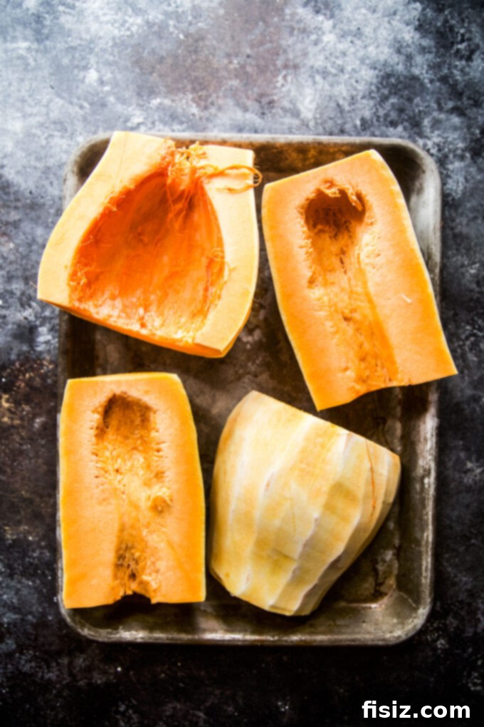 Spicy Roasted Butternut Squash Soup 5 Butternut squash cut in half, exposing seeds