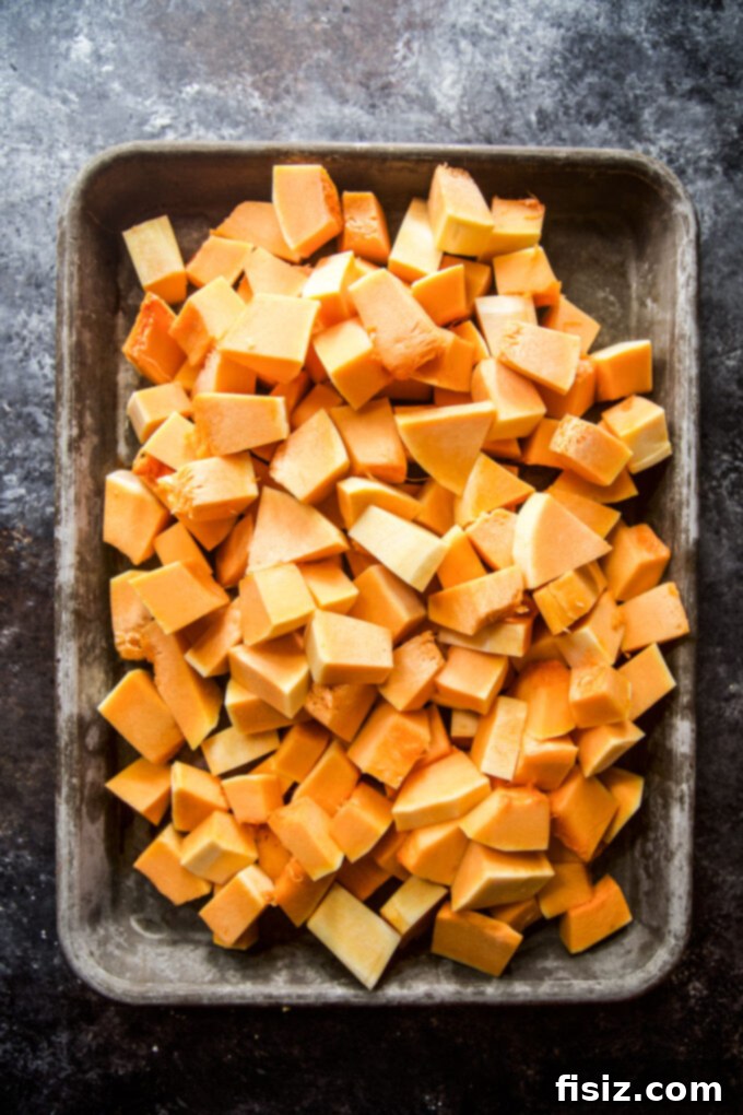 Spicy Roasted Butternut Squash Soup 6 Cubed butternut squash ready for cooking