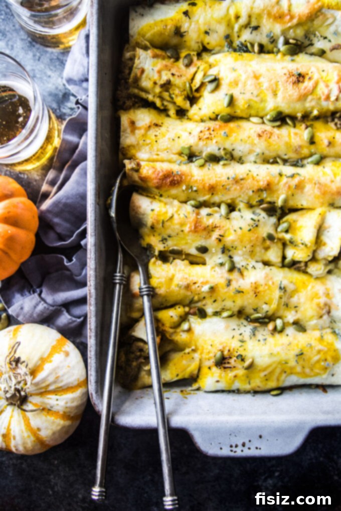 Smothered Beef and Pumpkin Enchiladas 3 baked cheesy beef & pumpkin enchiladas with herbs