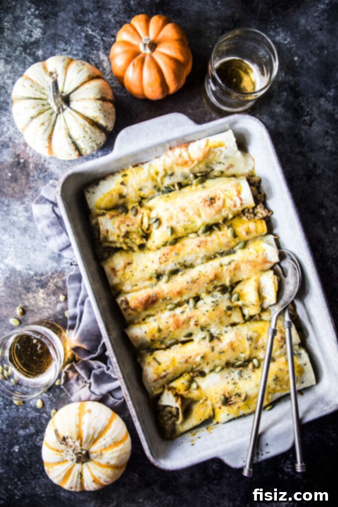 Smothered Beef and Pumpkin Enchiladas 8 close-up of cheesy beef & pumpkin enchiladas
