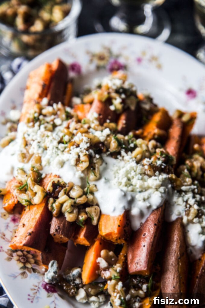 Ginger-Roasted Sweet Potatoes featuring Blue Cheese and Pickled Walnut Salsa 3 Ginger Roasted Sweet Potatoes with Blue Cheese & Pickled Walnut Salsa