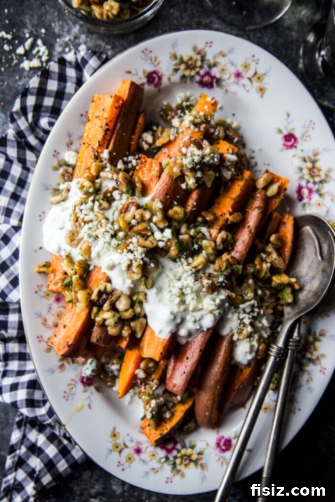 Ginger-Roasted Sweet Potatoes featuring Blue Cheese and Pickled Walnut Salsa 7 Ginger Roasted Sweet Potatoes with Blue Cheese & Pickled Walnut Salsa