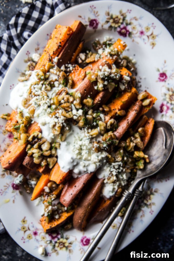 Ginger-Roasted Sweet Potatoes featuring Blue Cheese and Pickled Walnut Salsa 8 Ginger Roasted Sweet Potatoes with Blue Cheese & Pickled Walnut Salsa