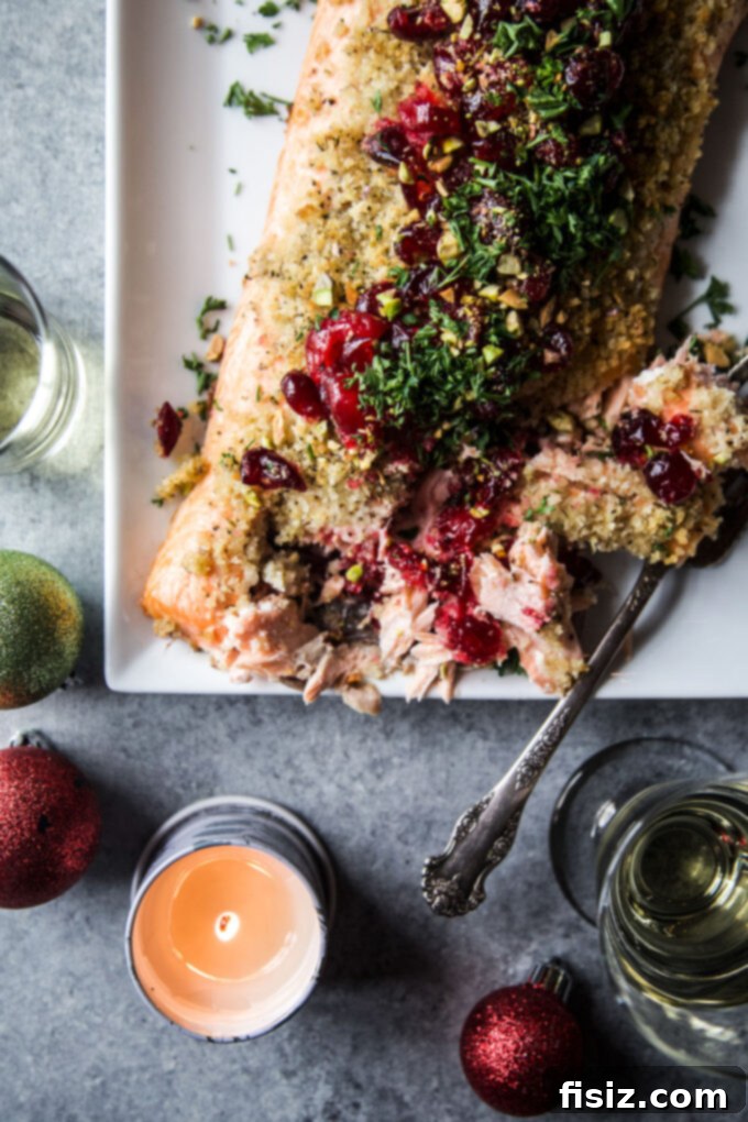 Holiday Baked Salmon with Tangy Cranberry Pistachio Crunch 3 Christmas Baked Salmon with Pickled Cranberries & Pistachios