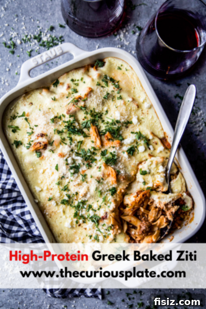 high-protein greek baked ziti, served and ready to eat