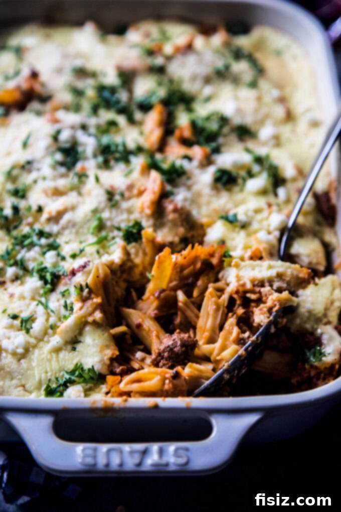 high-protein greek baked ziti close-up on serving plate