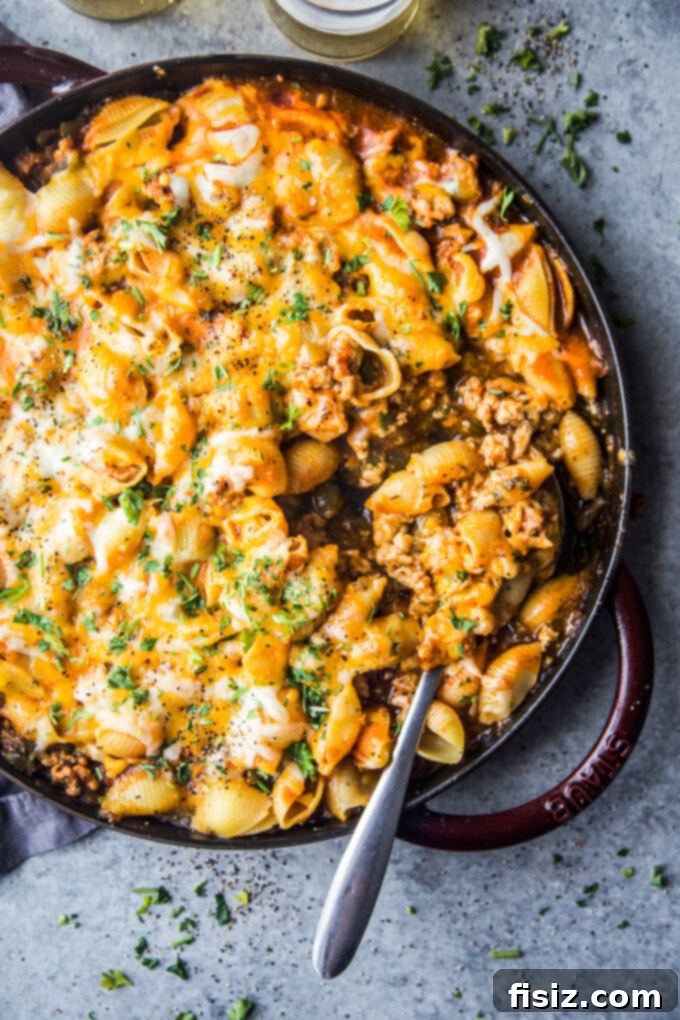 One-Pan Buffalo Chicken Chili Pasta 8 A generous serving of Buffalo Chicken Chili Pasta Skillet ready to be enjoyed, with melted cheese.