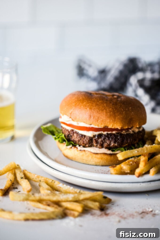 Creole Skillet Burger with Zesty Ranch Fries 9 Skillet Creole Burger with Crispy Ranch French Fries served on a plate