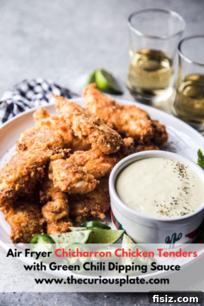 Close-up of crispy Air Fryer Chicharron Chicken Tenders with dipping sauce on the side