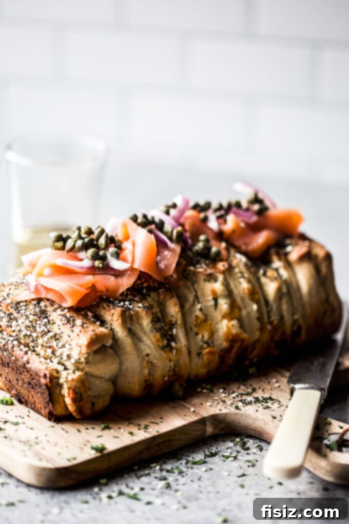 Bagel and Lox Pull-Apart Loaf with Cream Cheese 2 Delicious Cream Cheese Bagel & Lox Pull-Apart Loaf ready to be served