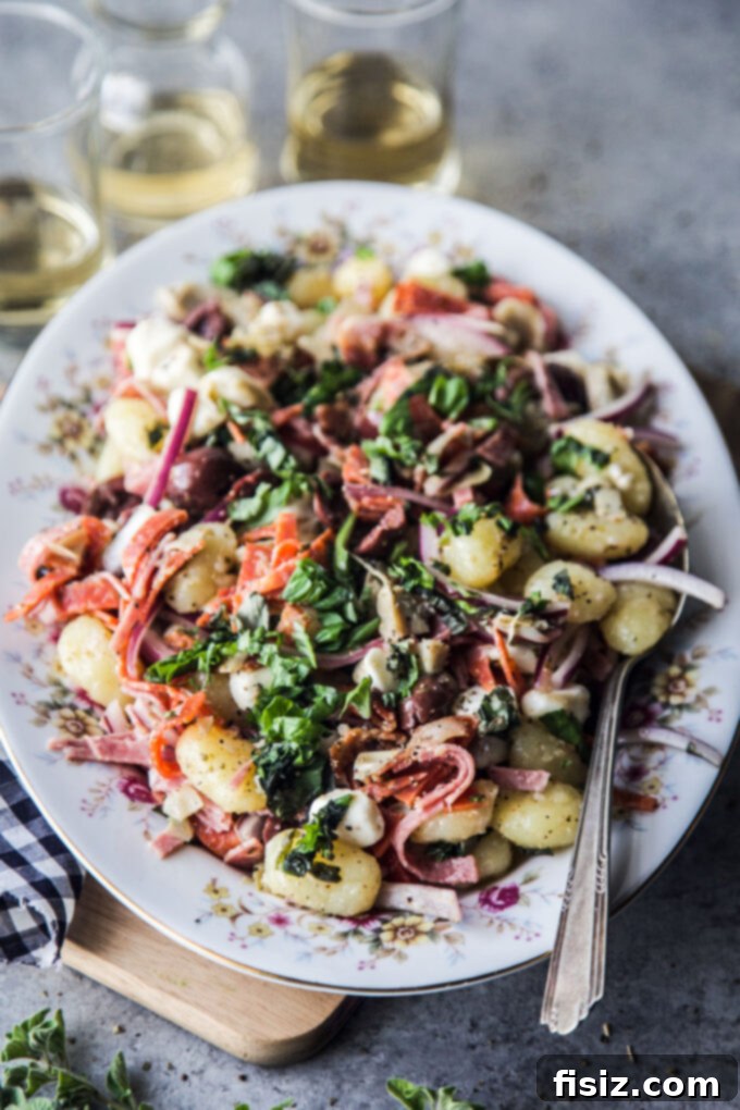 Mediterranean Gnocchi Antipasto 8 Easy Antipasto Gnocchi Salad beautifully arranged in a rustic serving dish
