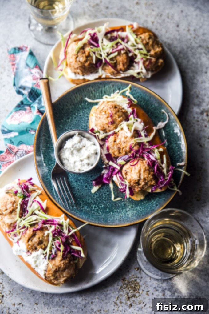 Spiced Shawarma Chicken Meatball Subs with Tangy Za'atar Slaw 7 Four different variations of the Chicken Shawarma Meatball Subs, including a spicy version, pita pocket, slider, and lettuce wrap.