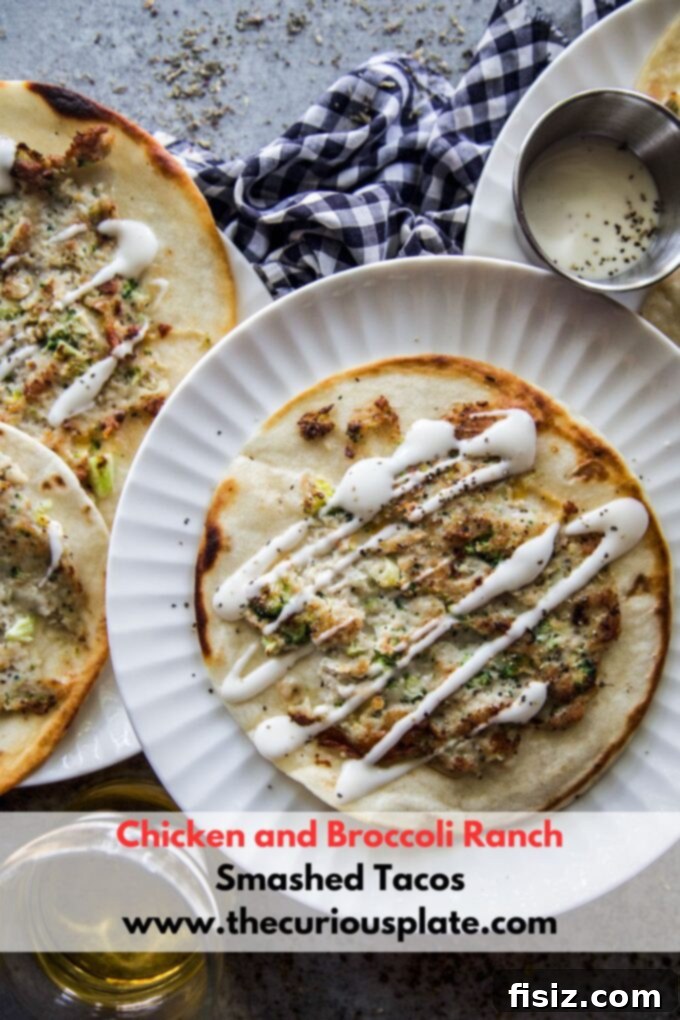 Ranch Chicken and Broccoli Smashed Tacos 10 Pile of crispy Chicken & Broccoli Ranch Smashed Tacos with fresh herbs