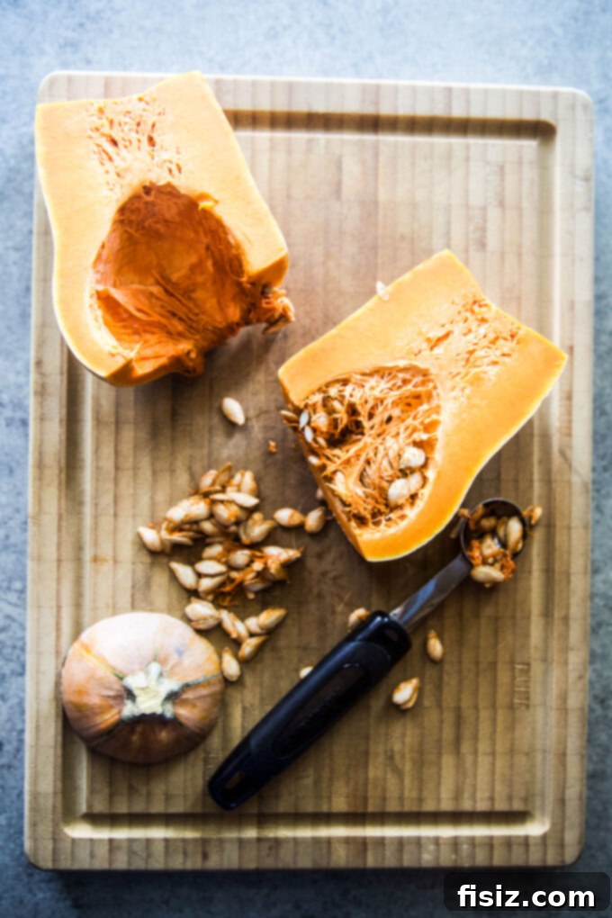 Golden Honeynut Squash with Creamy Cottage and Crispy Chorizo 4 Honeynut squash halves on a cutting board, ready for roasting