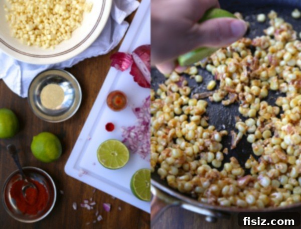 Fall-Off-The-Bone Slow Cooker Ribs with Zesty Corn Relish 4 Ingredients for corn relish laid out on a cutting board, with a pan showing corn relish cooking.