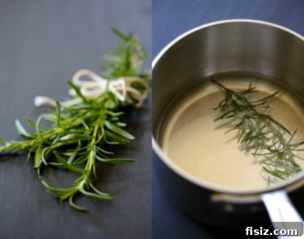 Foodie Fridays Peach Rosemary Bourbon Sparkler 3 Close-up shot of fresh rosemary sprigs, highlighting their vibrant green color and delicate needle-like leaves, ready to be used in a cocktail.