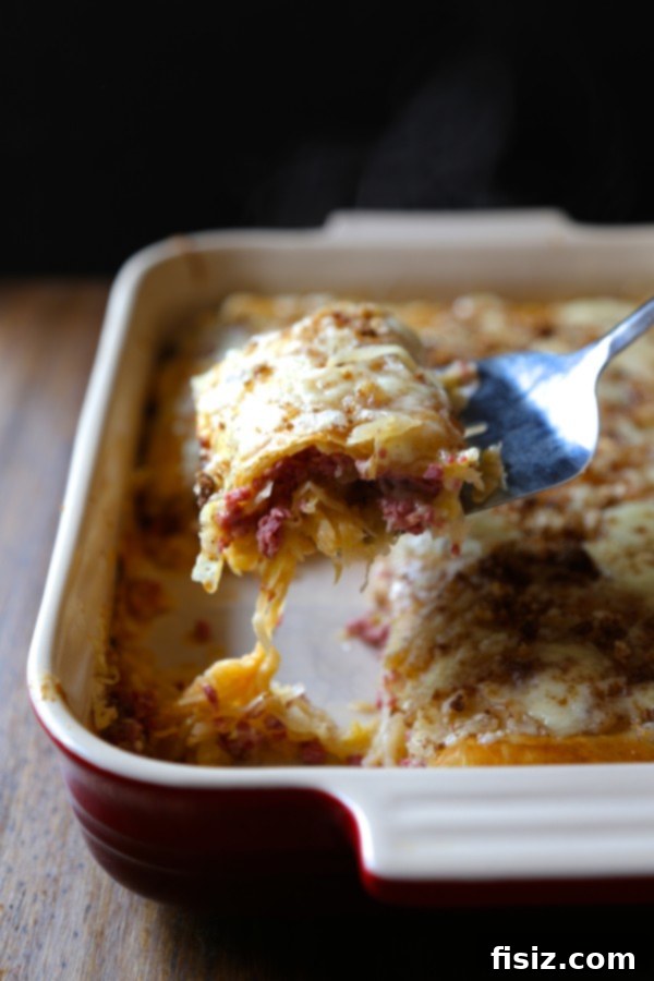 Double-Layered Flaky Reuben Bake with Brown Butter Rye Crumble 5 Final plated Double-Layered Puff Pastry Reuben Casserole, served and ready to be enjoyed