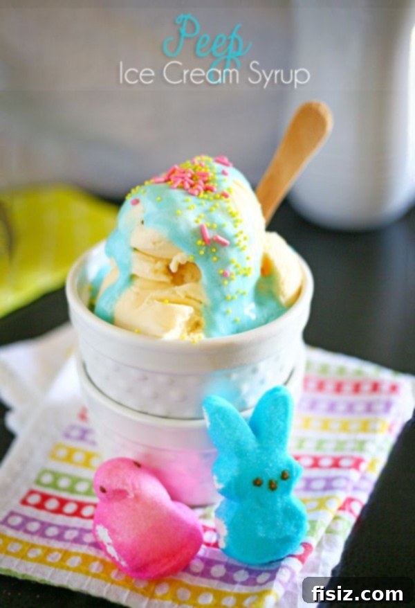 10 Peep-tastic Dessert Creations 10 Golden Peep Ice Cream Syrup in a pitcher and drizzled over ice cream
