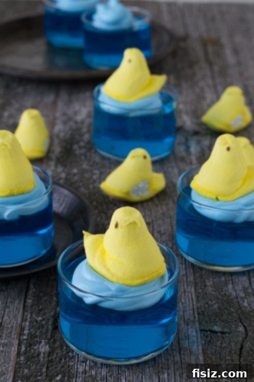 10 Peep-tastic Dessert Creations 2 Swimming Peep Jello Cups with blue gelatin and colorful Peeps