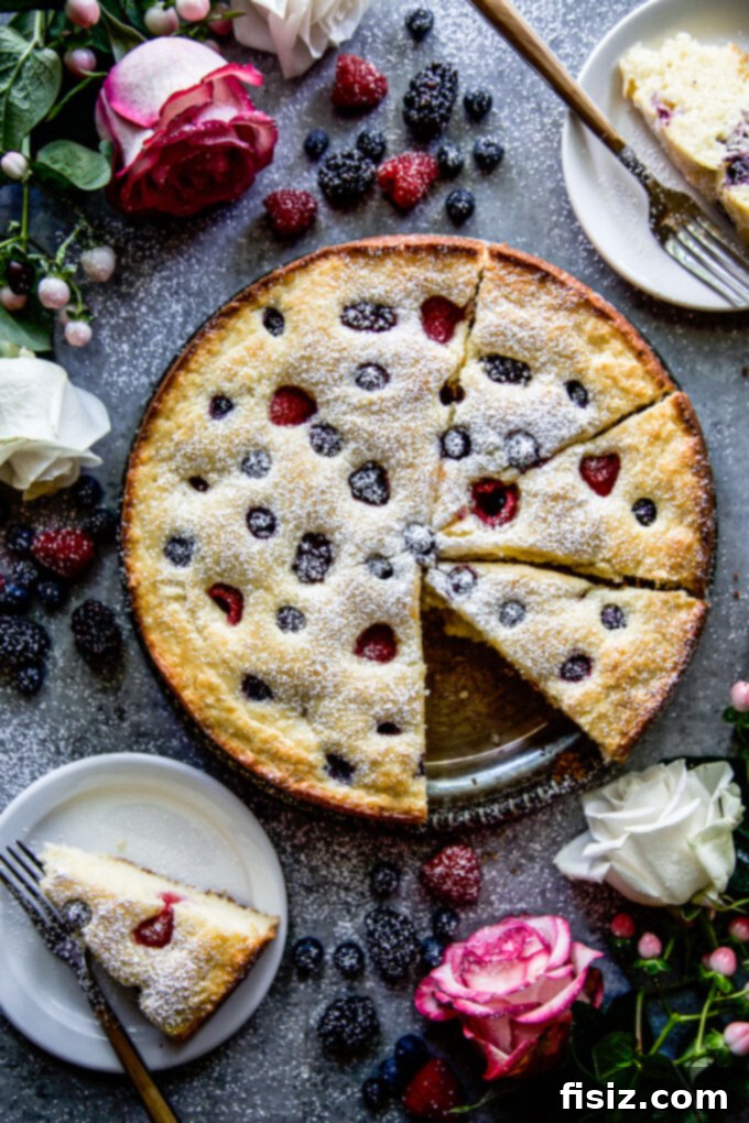 Effortless Berry Ricotta Delight 2 Ricotta Cake with Fresh Berries, adorned with blueberries, raspberries, and blackberries