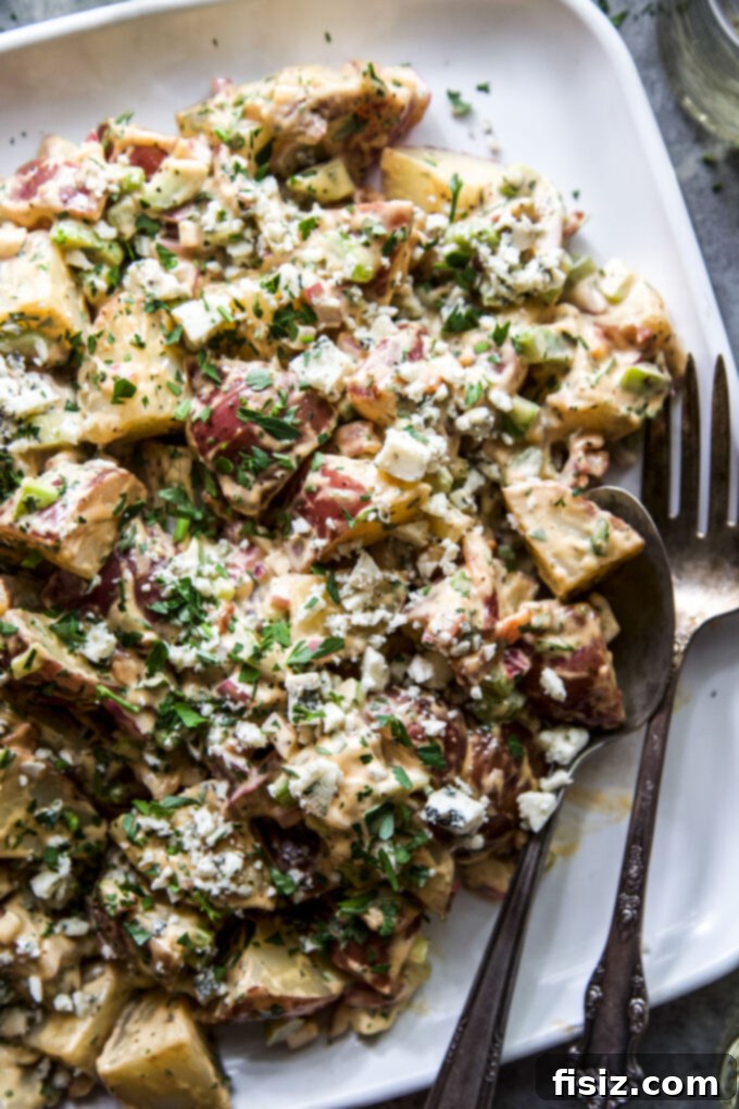 Loaded BBQ Bacon Blue Potato Salad 3 Close-up of Barbecue, Bacon, and Blue Cheese Potato Salad ready to serve
