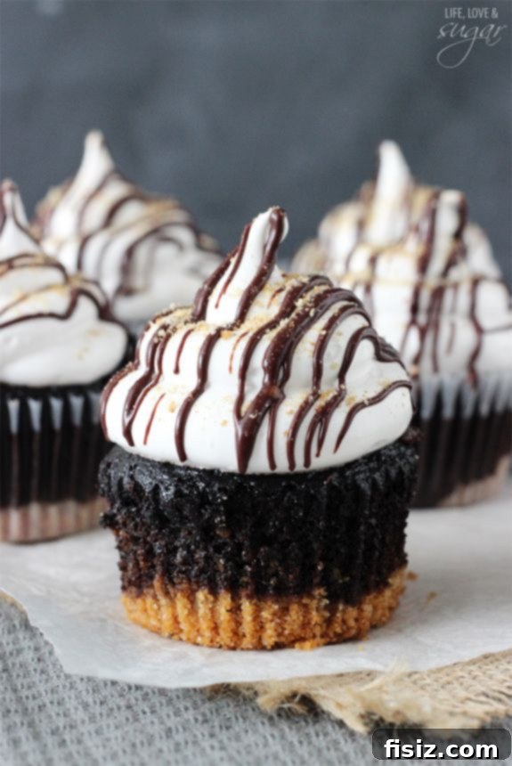 Delicious S'mores Cupcakes topped with fluffy toasted marshmallow frosting and chocolate drizzle.