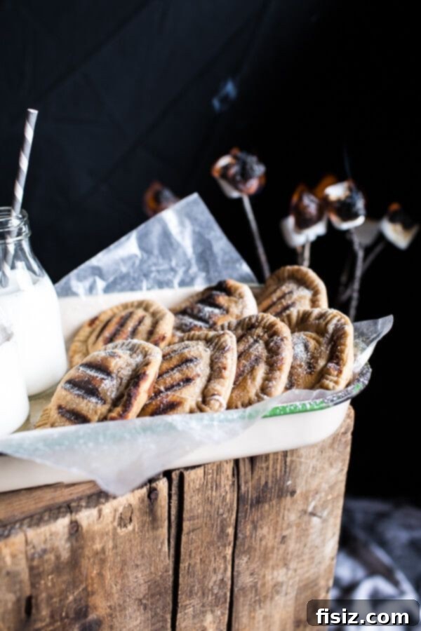 Campfire Grilled S'more Calzones, a unique dessert featuring gooey marshmallows and melted chocolate encased in a golden, grilled pastry.
