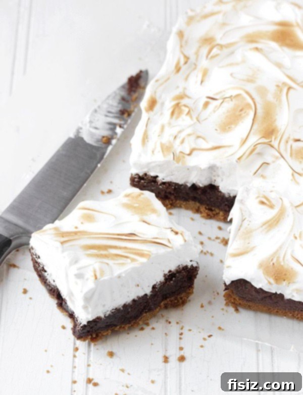Decadent S'mores Brownie Bars, layered with a rich brownie base, toasted marshmallows, and melted chocolate.