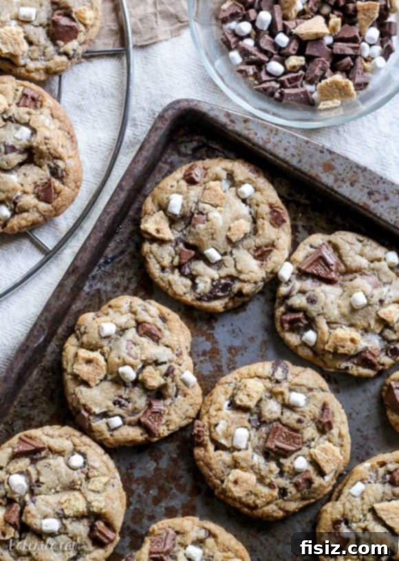 Soft and chewy S'mores Cookies loaded with chocolate chunks, graham cracker pieces, and toasted mini marshmallows.